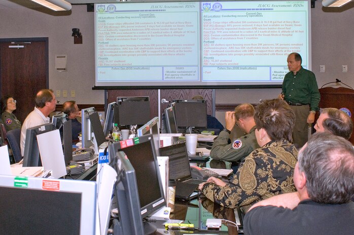 Members of the Joint Interagency Coordination Group at the North American Aerospace Defense Command and U.S. Northern Command discuss how best to respond to scenarios in the Vigilant Shield '08 exercise at the commands' headquarters at Peterson Air Force Base, Colo. The exercise provides local, state, tribal, interagency, Department of Defense and non-governmental organizations and agencies involved in homeland security and homeland defense the opportunity to participate in a full range of exercise scenarios that will better prepare participants to prevent and respond to national crises. Photo by Petty Officer 2nd Class Jhomil Bansil 