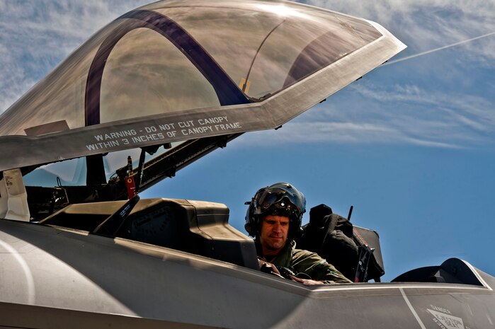 U.S. Marine Corps Lt. Col. Rodger Hardy, Defense Contract Management Agency pilot, delivers the fourth F-35A Lightning II April 24, 2013, to the 422nd Test and Evaluation Squadron at Nellis Air Force Base, Nev. The aircraft’s modern engine delivers more than 60 percent more thrust than any other aircraft of the same weight. (U.S. Air Force photo by Senior Airman Daniel Hughes)