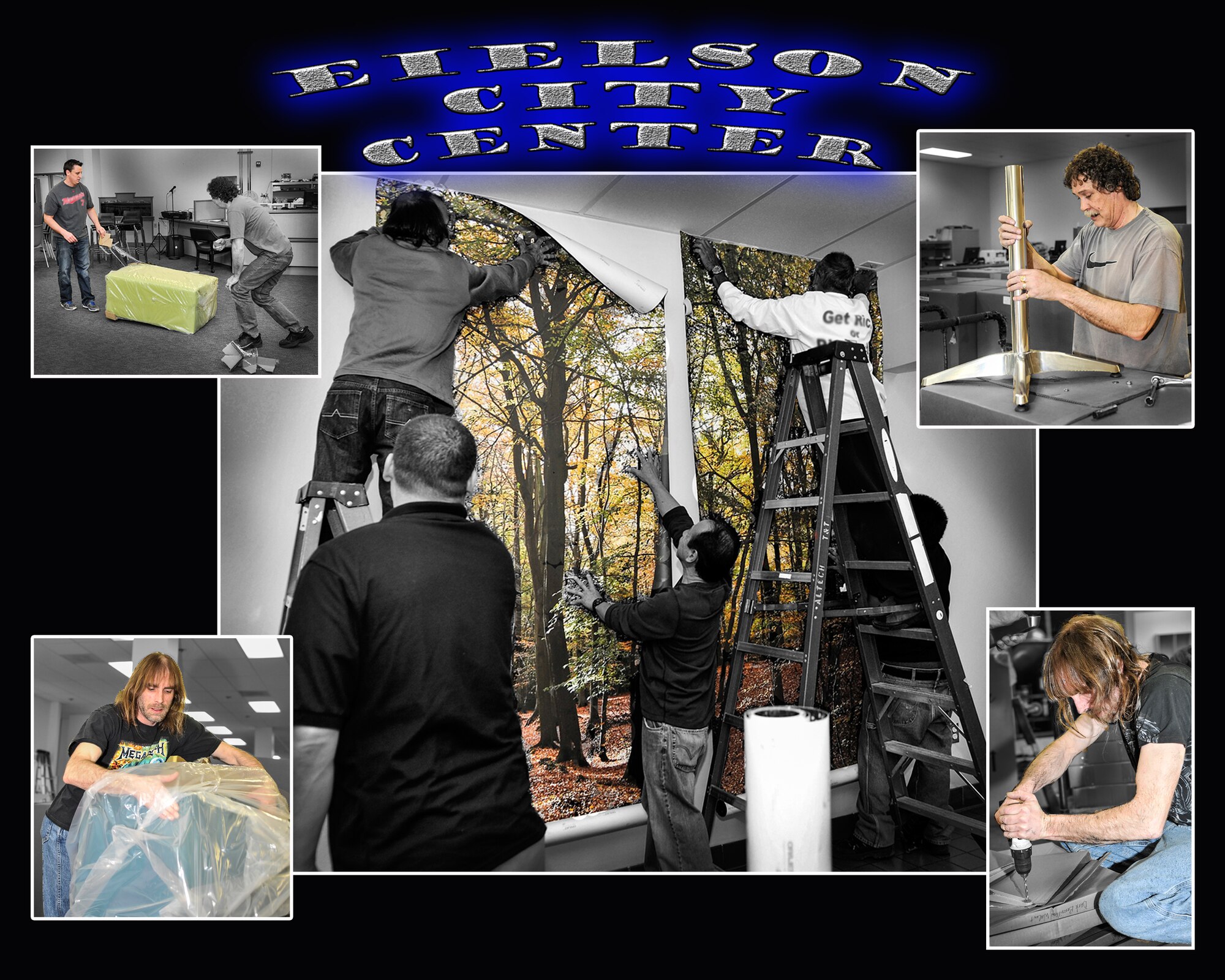 Contractors assemble new furniture and hang murals in the Eielson City Center during a week-long effort to finalize the renovation at Eielson Air Force Base, Alaska. The ECC, which held a soft opening March 29, will reopen its doors to the base populace May 1, 2013. (U.S. Air Force illustration by Senior Airman Racheal E. Watson/Released)