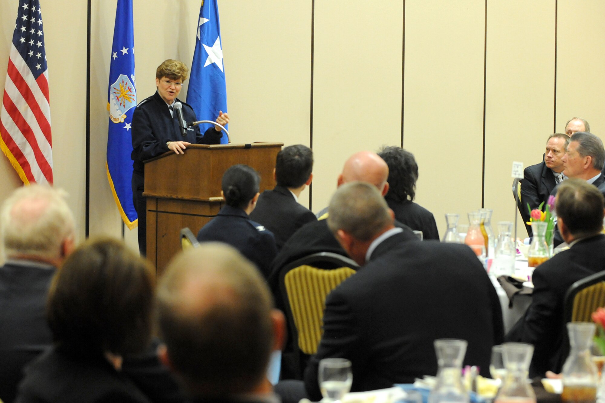 Gen. Janet C. Wolfenbarger, commander of Air Force Materiel Command, addresses the Hill Air Force Base, Utah, community leaders luncheon during her trip here April 17. Wolfenbarger also visited many areas of the base and learned about Team Hill and its vital role to the warfighter. (U.S. Air Force photo/Alex R. Lloyd)