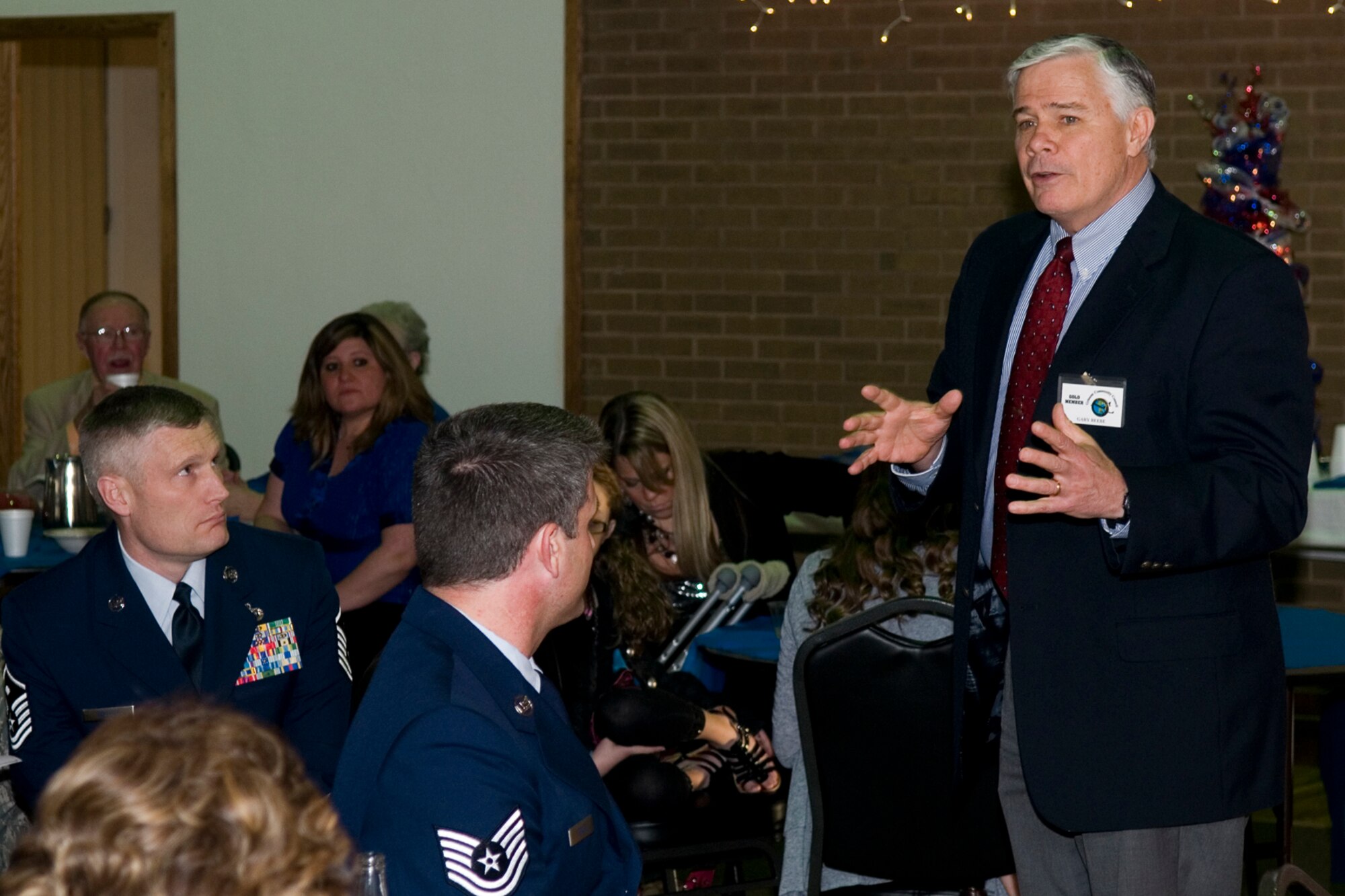 GRISSOM AIR RESERVE BASE, Ind. -- Retired Col. Gary Beebe, a former Air Force Reserve wing commander, delivers a speech during an awards social near Grissom April 13. The event recognized the 434th Air Refueling Wing annual award winners for 2012. (U.S. Air Force photo/Senior Airman Andrew McLaughlin)