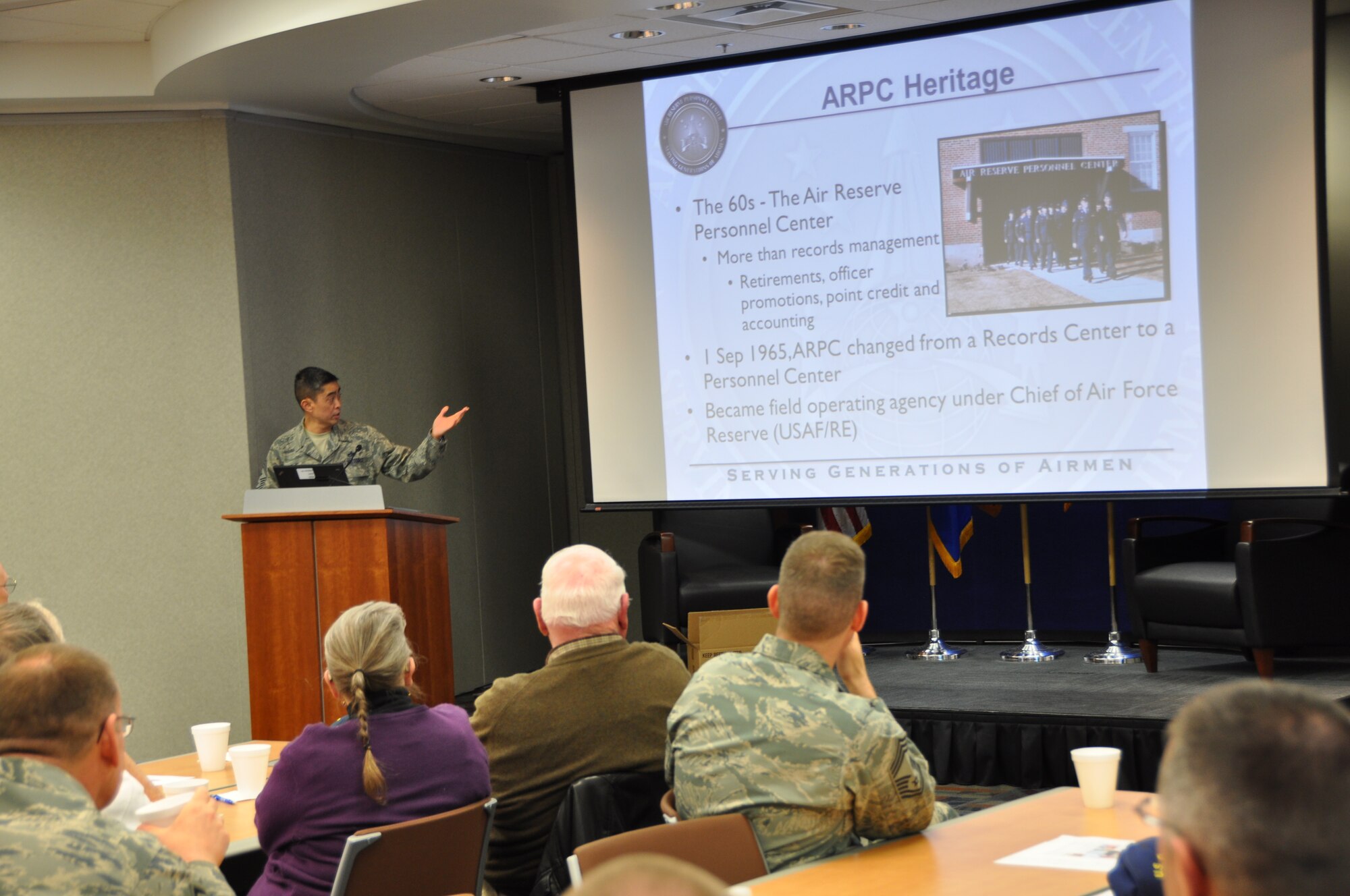 Chief Master Sgt. Brian C. L. Wong, Air Reserve Personnel Center command chief, addresses the audience during the Buckley Chiefs Group luncheon held at headquarters ARPC on Buckley Air Force Base, Colo., April 24, 2013. More than 40 top-ranking noncommissioned officers of the Armed Forces from Buckley AFB and the local area attended a unique meeting of the Colorado E-9er’s Association hosted by the Buckley Chiefs Group. (U.S. Air Force photo/Tech. Sgt. Rob Hazelett)