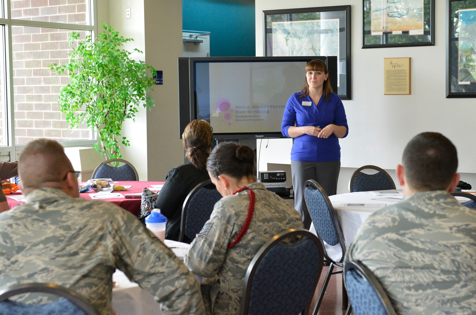MCGHEE TYSON AIR NATIONAL GUARD BASE, Tenn. – Liz Matthews, director of education and outreach for the Sexual Assault Center of East Tennessee met with about 20 Airmen and civilians to raise awareness and share current statistics on sexual assault for the Knoxville area and the nation, April 24, 2013. More information can be found at U.S. Air Force Sexual Assault and Response Program’s Web site at www.afpc.af.mil/library/sapr/report.asp. (Photo by U.S. Air National Guard Master Sgt. Kurt Skoglund/Released)