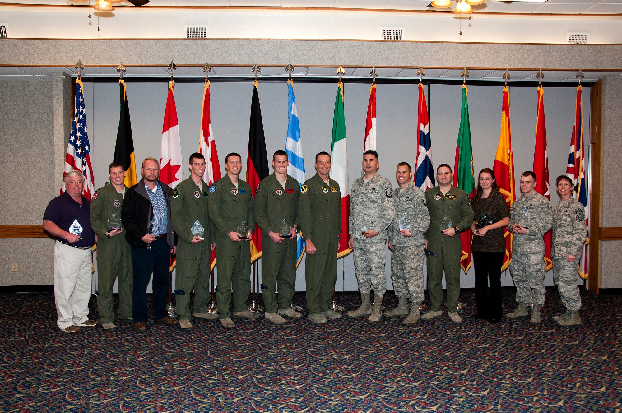 The 80th Flying Training Wing announced the winners of its quarterly awards for the first quarter of 2013 during a ceremony April 24 at the Sheppard Club. Col. Lance Bunch (center) and Chief Master Sgt. Doreen Losacco (far right)  presented the awards.  (U.S. Air Force photo/Frank Carter)