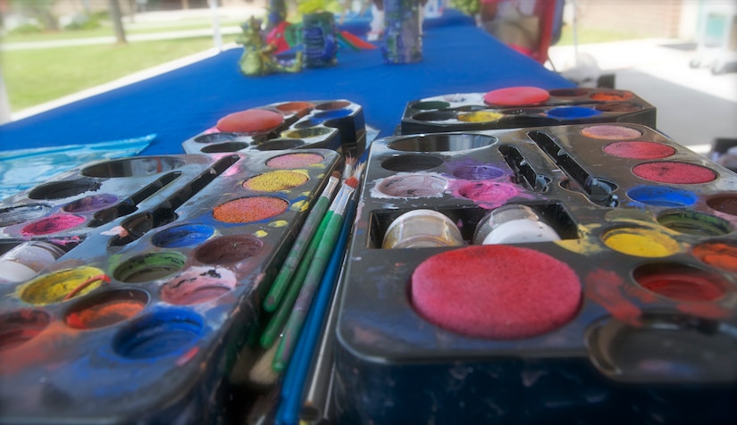 Supplies are ready for face painting at the Children’s Art Gala outside the Navy Exchange, April 17, 2013, at Joint Base Charleston – Weapons Station, S.C. The event was to encourage, inspire and promote the creative arts of the children at the Child Development Center. (U.S. Air Force photo / Airman 1st Class Tom Brading)