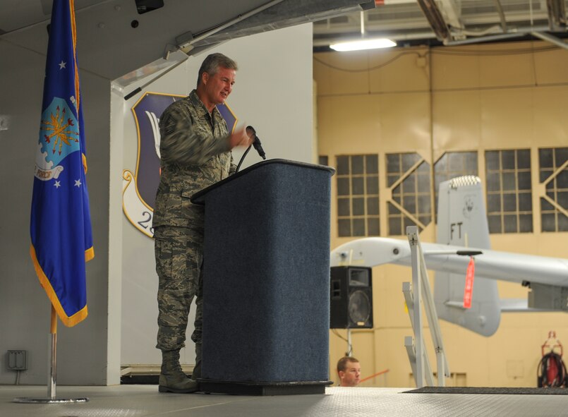 Retired Chief Master Sgt. of the Air Force (CMSAF) Gerald Murray speaks about his career and what it means to be an Airman during the 2013 Maintenance Professional of the Year banquet at Moody Air Force Base, Ga., April 19, 2013. In addition to being the 14th CMSAF, Murray was the command chief master sergeant at Moody from 1996 to1999. (U.S. Air Force photo by Airman Alexis Grotz/ Released) 