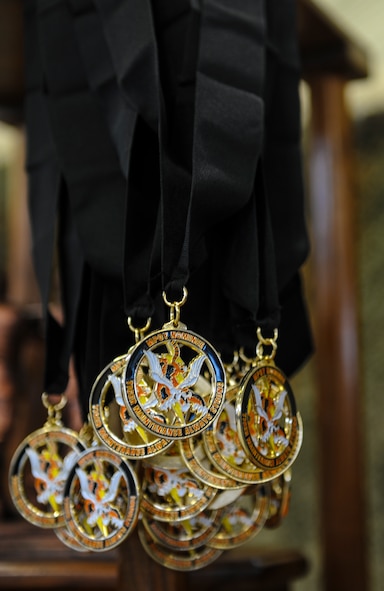 Medallions hang during the 2013 Maintenance Professional of the Year banquet at Moody Air Force Base, Ga., on April 19, 2013. The medallions were presented to all nominees for various categories; the winners were announced at the end of the night. (U.S. Air Force photo by Airman Alexis Grotz/ Released)