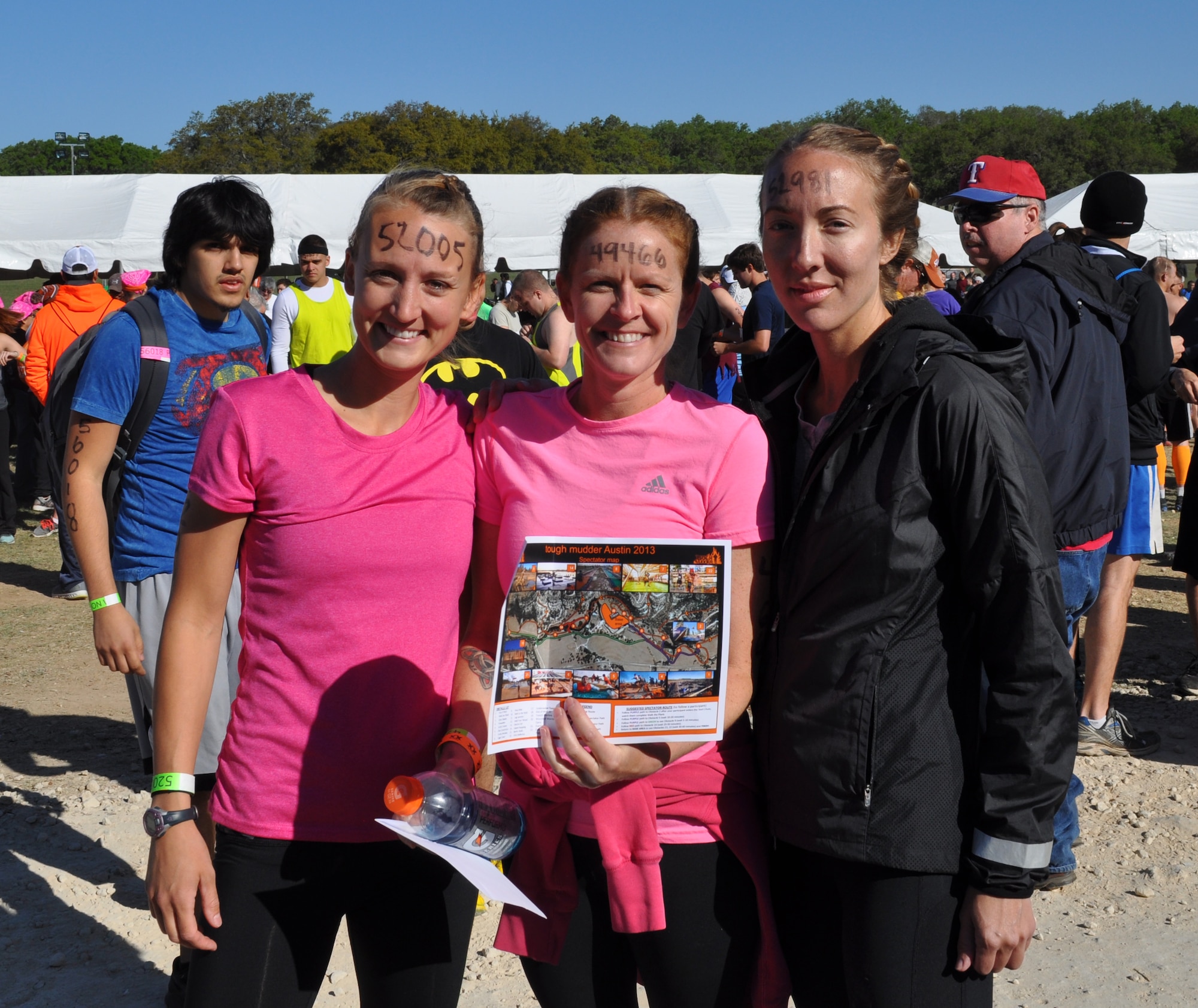Two 44th Fighter Group members and one active duty 7th Fighter Squadron pilot's spouse from Holloman AFB, New Mexico, competed in the “Tough Mudder” competition in Austin, Texas, Saturday, April 20. They ran more than 10 miles facing 22 military obstacles! The Tough Mudder competition is a strong supporter of the Wounded Warrior Foundation. This edition’s competitors were Senior Master Sgt. Erin Buchanan, 44th FG and 49nd Operations Group aircrew flight equipment superintendent, Master Sgt. Molly Huston, 44th FG first sergeant and Erin Graf, wife of a 7th FS pilot. The 44th FG, at Holloman AFB, New Mexico, is a geographically separated unit of the 301st Fighter Wing located at Naval Air Station Fort Worth Joint Reserve Base, Texas. (Courtesy photo)