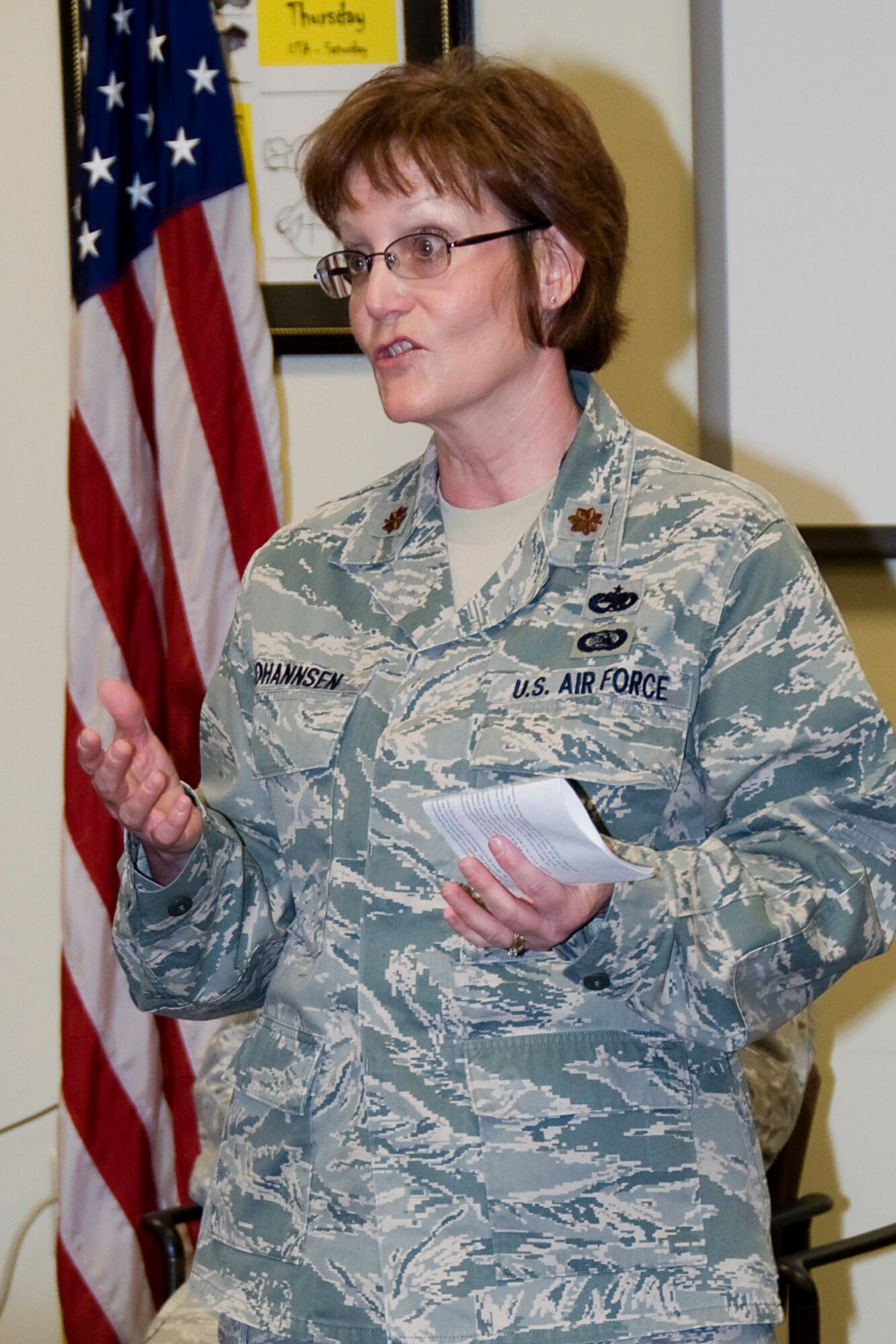 GRISSOM AIR RESERVE BASE, Ind. -- Maj. Amy Johannsen speaks to 434th Maintenance Operations Flight Airmen shortly after assuming command of the unit here April 13. Johannsen said she will continue to apply the Air Force core values in all aspects of her job and expects the same from Airmen assigned to the 434th MOF. (U.S. Air Force photo/Staff Sgt. Carl Berry)
