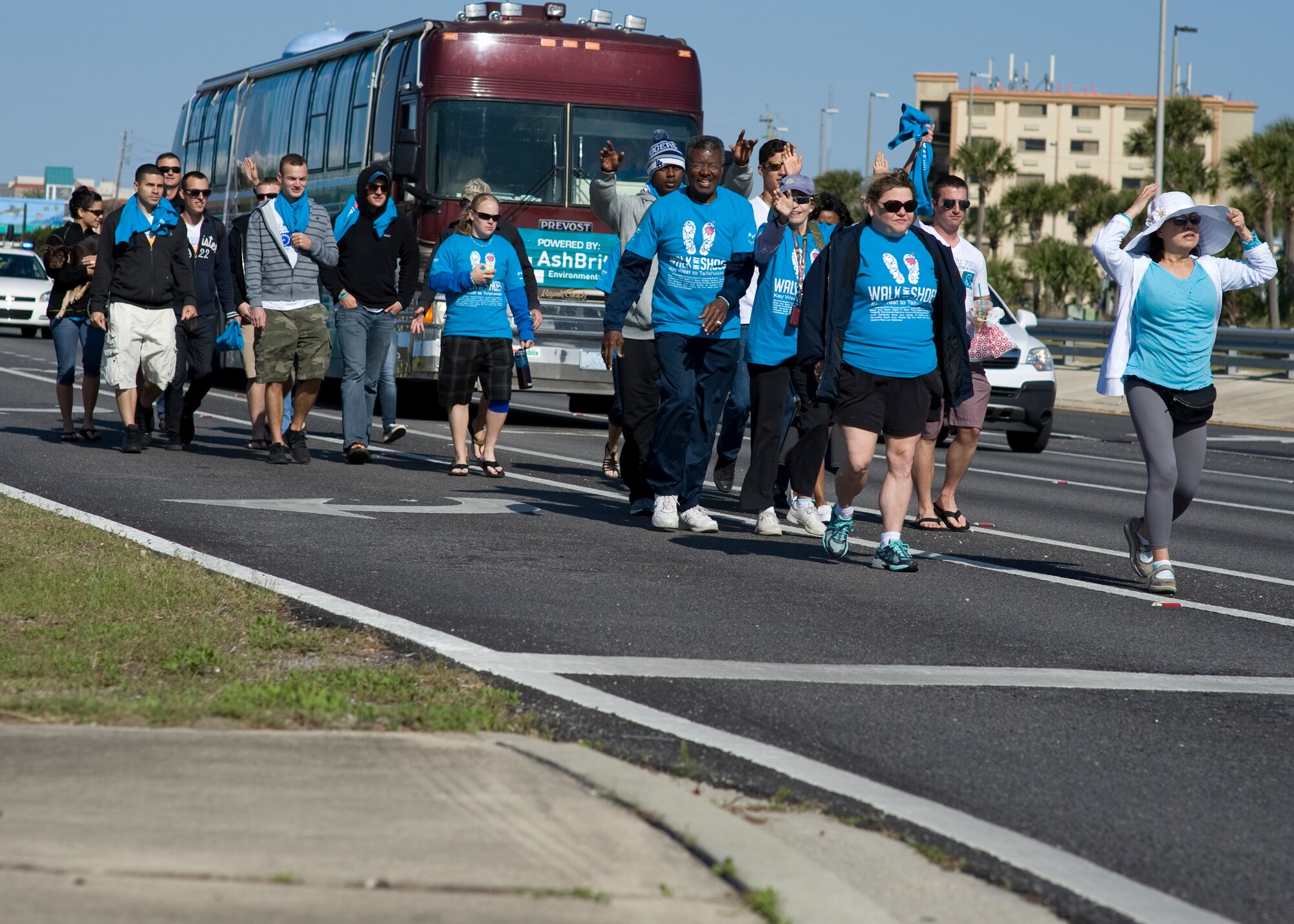 Airmen from Hurlburt Field and other volunteers participate in a walk for sexual assault awareness at Ft. Walton Beach, Fla., April 20, 2013. April is sexual assault awareness month and Hurlburt Field members have been working hard to get the word out. (U.S. Air Force Photo/Airman 1st Class Hayden K. Hyatt)