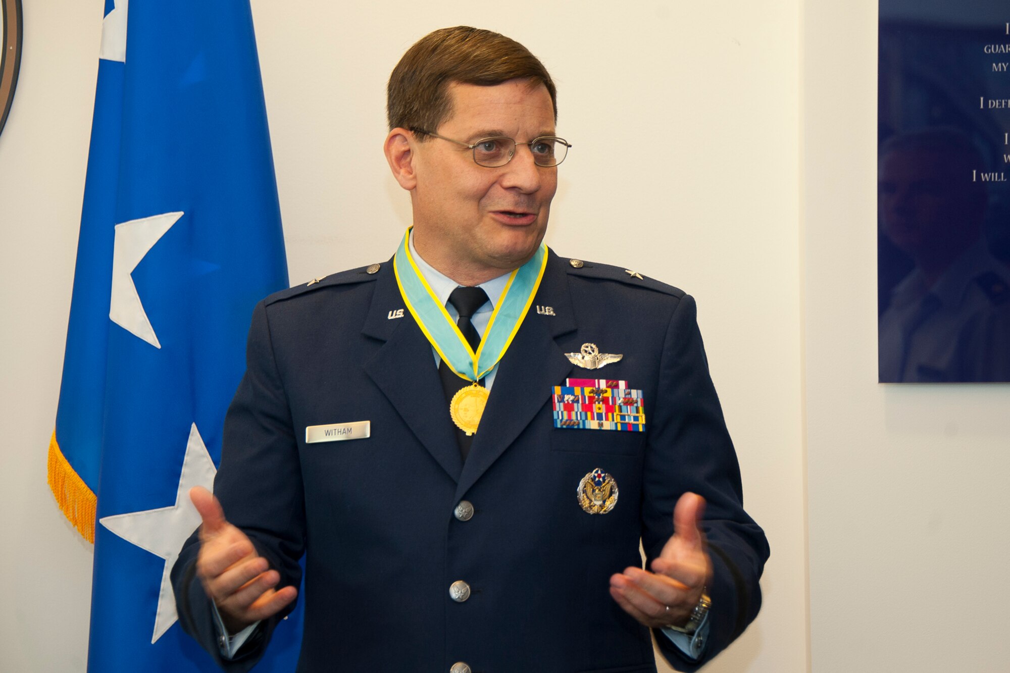 Air Force Brig. Gen. James C. Witham, the deputy director of the Air National Guard, thanks Army Major Gen. David S. Baldwin, the adjutant general of California, and the state of California after receiving the Order of California April 23, 2013 at the Pentagon, D.C. The Order of California, the state’s highest award, is awarded for exceptionally meritorious conduct in the performance of outstanding service to the state of California or the nation by a member of the California National Guard, State Military Reserve, or Naval Militia in a position of great responsibility. (U.S. Air National Guard photo by Master Sgt. Marvin R. Preston/RELEASED)