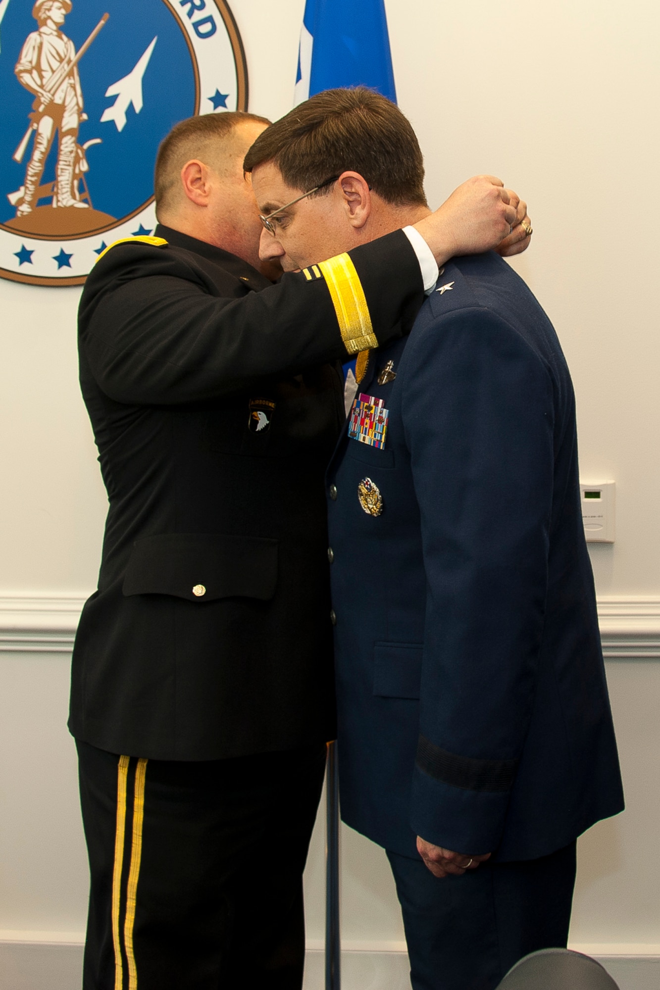 Army Major Gen. David S. Baldwin, the adjutant general of California, places the Order of California around the neck of Air Force Brig. Gen. James C. Witham, the deputy director of the Air National Guard, during a ceremony April 23, 2013 at the Pentagon, D.C. The Order of California, the state’s highest award, is awarded for exceptionally meritorious conduct in the performance of outstanding service to the state of California or the nation by a member of the California National Guard, State Military Reserve, or Naval Militia in a position of great responsibility. (U.S. Air National Guard photo by Master Sgt. Marvin R. Preston/RELEASED)