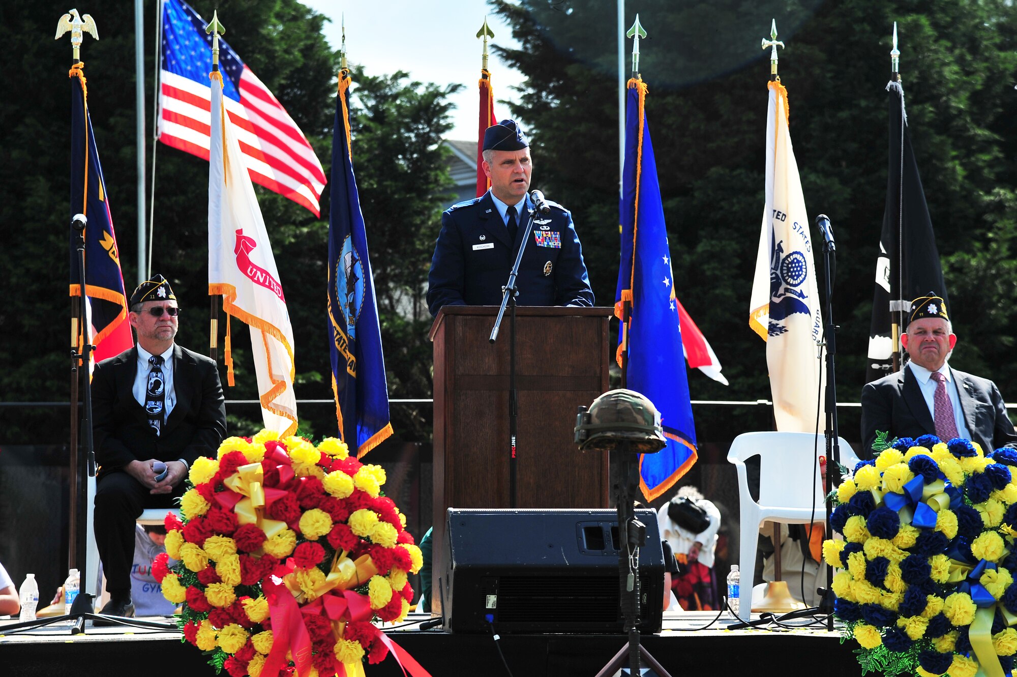 U.S. Air Force Col. Michael Koscheski, 4th Operations Group commander, delivers the keynote address during a POW/MIA ceremony at the Wayne Community College campus in Goldsboro, N.C., April 21, 2013. Koscheski spoke of the sacrifices made by more than 58,000 Vietnam War veterans who gave their lives for their nation. (U.S. Air Force photo by Airman 1st Class Aubrey White/Released)
