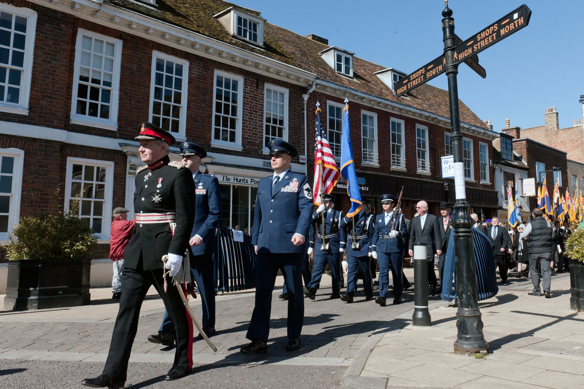 HUNTINGDON, United Kingdom – The Lord Lieutenant of Cambridgeshire Hugh Duberly, the Queen’s personal representative; Col. Michael Reiner, 423rd Air Base Group commander, and Chief Master Sgt. Daniel McGuire, 423rd ABG superintendent, march through the streets of Huntingdon April 20. The Huntingdonshire District Council granted the group the Freedom of the District of Huntingdonshire – this is the first time a U.S. Visiting Forces unit has been given this ancient honor. (U.S. Air Force photo by Staff Sgt. Brian Stives)