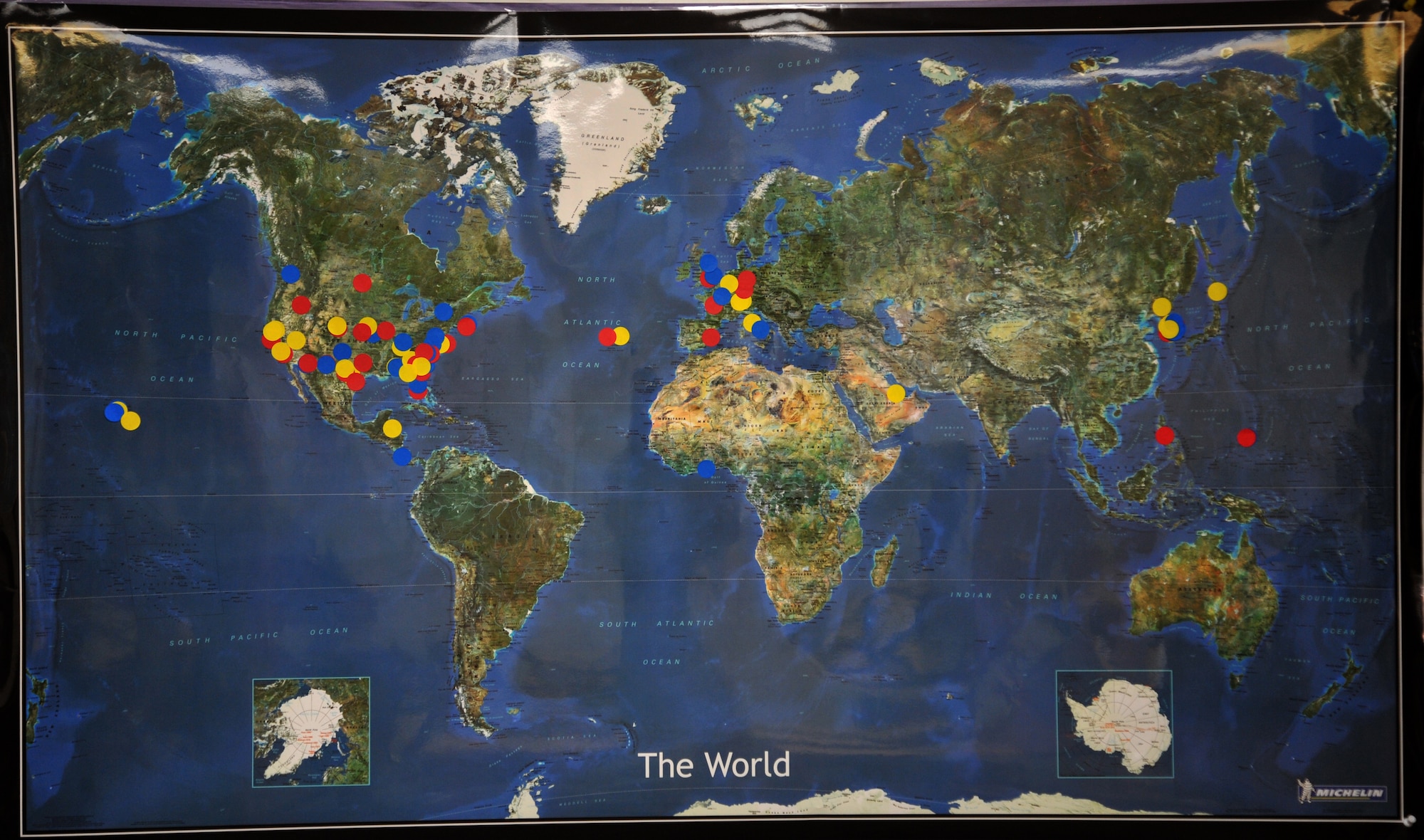 A map hangs in front of an Osan American High School classroom where
students used stickers to showcase all the places they've lived as military
dependents at Osan Air Base, Republic of Korea, April 19, 2013. The project
was part of the Month of the Military Child, recognizing the contributions
of military children and their sacrifices as their parent or parents serve
in the armed forces. (U.S. Air Force photo/Staff Sgt. Emerson Nunez)

