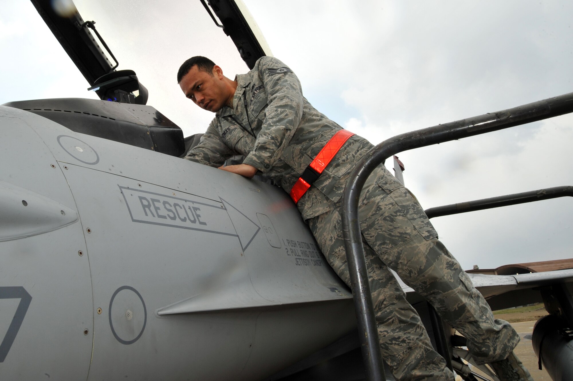 Staff Sgt. Jason Thomas, 51st Aircraft Maintenance Squadron F-16 avionics craftsman, ensures the avionic systems on the F-16 Fighting Falcon are ready for flight at Osan Air Base, Republic of Korea, April 10, 2013.  Thomas is this week’s Airman Spotlight winner.  (U.S. Air Force photo/Staff Sgt. Emerson Nuñez)