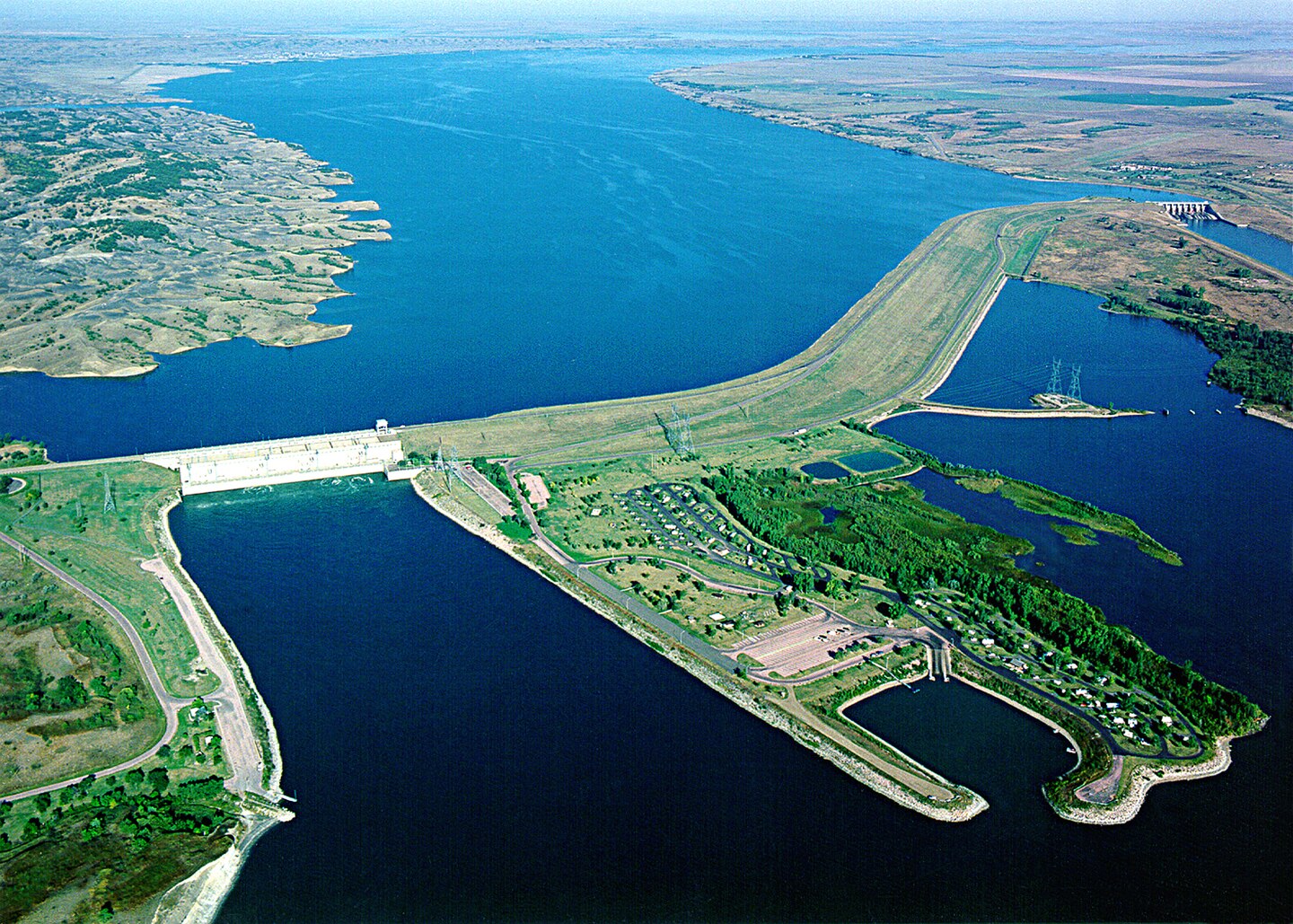 An aerial view of Big Bend Dam and Lake Sharpe near Fort Thompson, S.D.