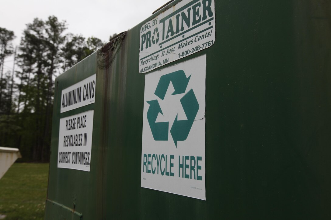 Recycling bins sit at the Cherry Point recycling center April 22. 