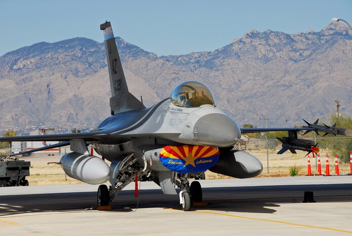 An F-16 Fighting Falcon sits ready to deploy at a moment's notice at the 162nd Fighter Wing's Alert Detachment at Davis-Monthan Air Force Base, Ariz. Arizona Air National Guardsmen from Tucson will fly this aircraft and others to secure the airspace over Super Bowl XLII. (U.S. Air Force photo/Master Sgt. David Neve) 
