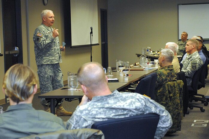 Lt. Gen. William Webster, deputy commander of U.S. Northern Command, talks with senior enlisted leaders who visited North American Aerospace Defense Command and USNORTHCOM this week as part of the Keystone course. Photo by Sgt. 1st Class Gail Braymen 