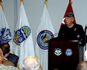 Abe Baum, who led the storied Task Force Baum during the European campaign of WW II, relates his experiences to the men and women of NORAD and USNORTHCOM Feb. 20. Baum was ordered by General George S. Patton on March 26, 1945, to lead a small armored column 60 miles behind German lines to rescue prisoners of war being held by the Nazis at Hammelburg . Patton believed that his son-in-law, Lt. Col. John K. Waters, was being held at the camp. His force of a mere 300 personnel fought their way through an entire German Corps, which mistakenly thought Task Force Baum was a major push by U.S. Forces. Baum's Task Force found more than 1,500 P.O.W.s at the camp, when they expected only 700, and were forced to attempt to escape, only to be either captured or to fight their way back to American lines in small groups. Baum himself was wounded and captured, and ended up in the same prison camp hospital as Waters. Photo by Petty Officer 1st Class Joaquin Juatai 
