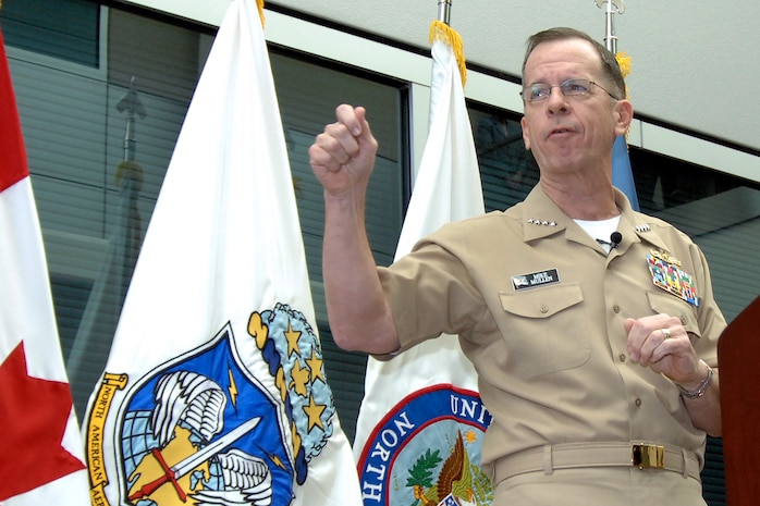 Chairman of the Joint Chiefs of Staff Adm. Mike Mullen speaks to the staff of North American Aerospace Defense Command and U.S. Northern Command during a visit to command headquarters at Peterson Air Force Base, Colo., on March 10, 2008. It was Mullen's first visit to the commands since he was sworn in as chairman in October 2007. Photo by Petty Officer 1st Class John Mason 