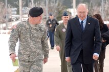 Col. Tom Muir, director of the North American Aerospace Defense Command and U.S. Northern Command Command Center, welcomes U.S. Senator Ken Salazar to NORAD and USNORTHCOM headquarters at Peterson Air Force Base, Colo., on March 17, 2008. Salazar met with NORAD and USNORTHCOM Commander Gen. Gene Renuart and toured the NORAD-USNORTHCOM Command Center during his visit. Photo by Sgt. 1st Class Gail Braymen 