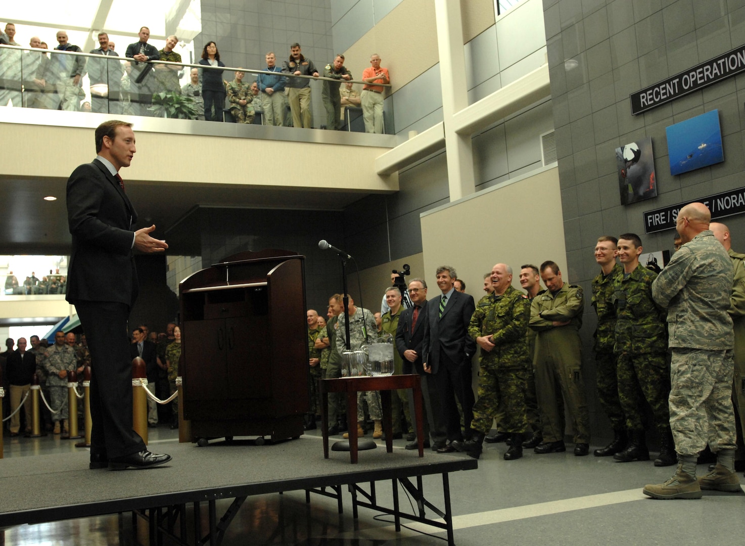 Canada's Minister of Defence, the Honorable Peter MacKay speaks with members of the Canadian Forces and American troops at the headquarters of North American Aerospace Defense Command in Colorado Springs, Colo. NORAD is the bi-national command responsible for aerospace warning and defense as well as maritime warning for North America. Photo by Sgt. 1st Class Gail Braymen 