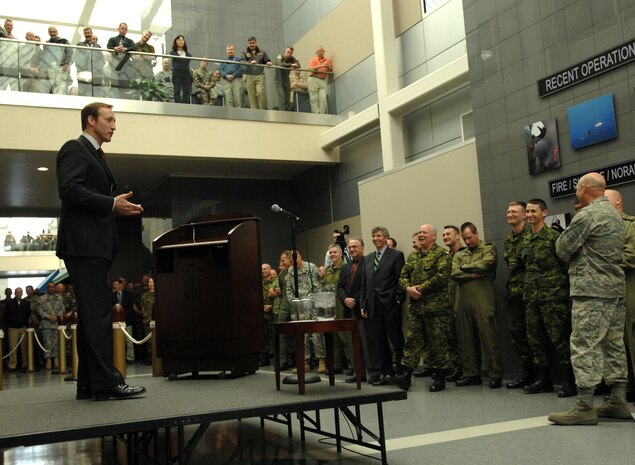 Canada's Minister of Defence, the Honorable Peter MacKay speaks with members of the Canadian Forces and American troops at the headquarters of North American Aerospace Defense Command in Colorado Springs, Colo. NORAD is the bi-national command responsible for aerospace warning and defense as well as maritime warning for North America. Photo by Sgt. 1st Class Gail Braymen 