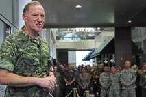 Canadian Chief of Defence Staff Gen. Walter J. Natynczyk addresses personnel at the headquarters of North American Aerospace Defense Command and U.S. Northern Command at Peterson Air Force Base, Colo., on July 23, 2008. Natynczyk visited NORAD as part of a familiarization tour after his appointment to the position of CDS. Photo by Petty Officer 1st Class Joaquin Juatai 