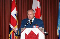 Lt. Gen. Charlie Bouchard, deputy commander of NORAD, addresses Canadian military and WW II veterans during a Battle of Britain commemoration ceremony at the Retired Enlisted Association in Colorado Springs, Colo. The Battle of Britain occurred between July 10 and Oct. 31, 1940, taking almost 1/5 of the pilots fighting off German Luftwaffe air raids over the English Channel. Photo by Petty Officer 1st Class Joaquin Juatai 