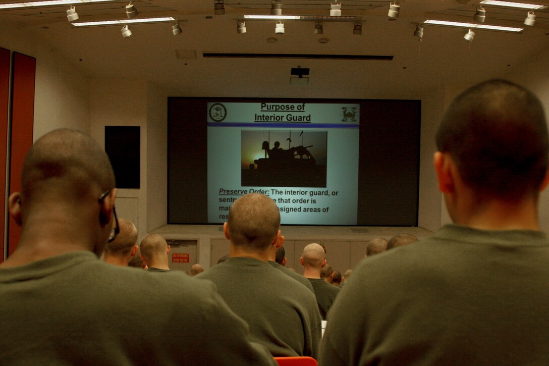 Recruits of Company K, 3rd Recruit Training Battalion, received a class on interior guard aboard Marine Corps Recruit Depot San Diego April 11. Recruits were taught the basic fundamentals for posting duty, tasks, and the ability to recognize key billets while going through recruit training. 