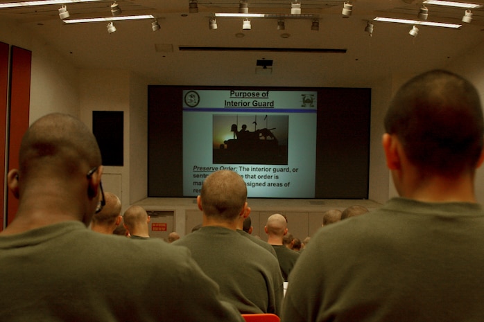 Recruits of Company K, 3rd Recruit Training Battalion, received a class on interior guard aboard Marine Corps Recruit Depot San Diego April 11. Recruits were taught the basic fundamentals for posting duty, tasks, and the ability to recognize key billets while going through recruit training. 