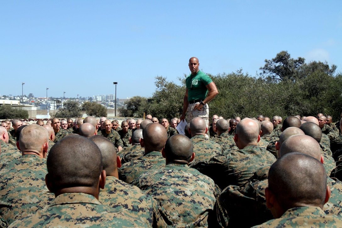 Staff Sgt. Sergio Ramirez, Martial Arts Instructor, Instructional Training Company, Support Battalion, gives recruits a safety brief before a pugil sticks event aboard Marine Corps Recruit Depot San Diego April 11. 