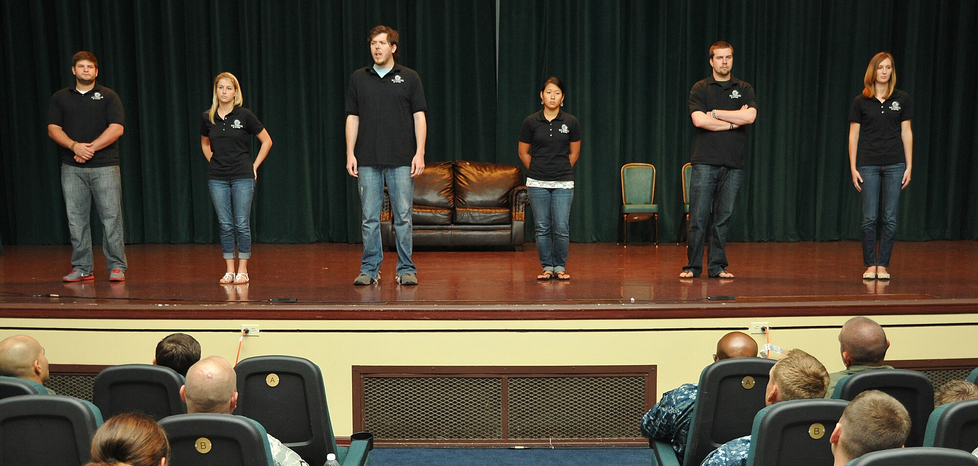 The “No Zebras, No Excuses” performance group speaks to Team Andersen after their show at the Meehan Theater on Andersen Air Base, Guam, April 22, 2013.  The program focused on the bystander mentality and addressed the impact of intervention on situations of sexual aggression. (U.S. Air Force photo by Airman 1st Class Adarius Petty/Released)