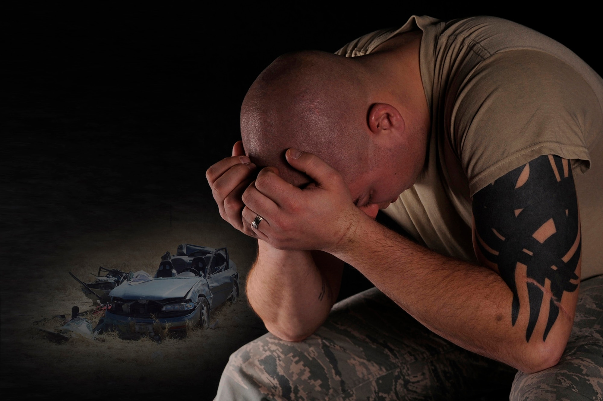 Still bearing a physical scar on his left arm from a texting and driving crash just more than three years ago, Senior Airman Caleb Zody says the emotional scars from that day are much tougher to overcome. (Photo by Airman 1st Class Brittany Chase)