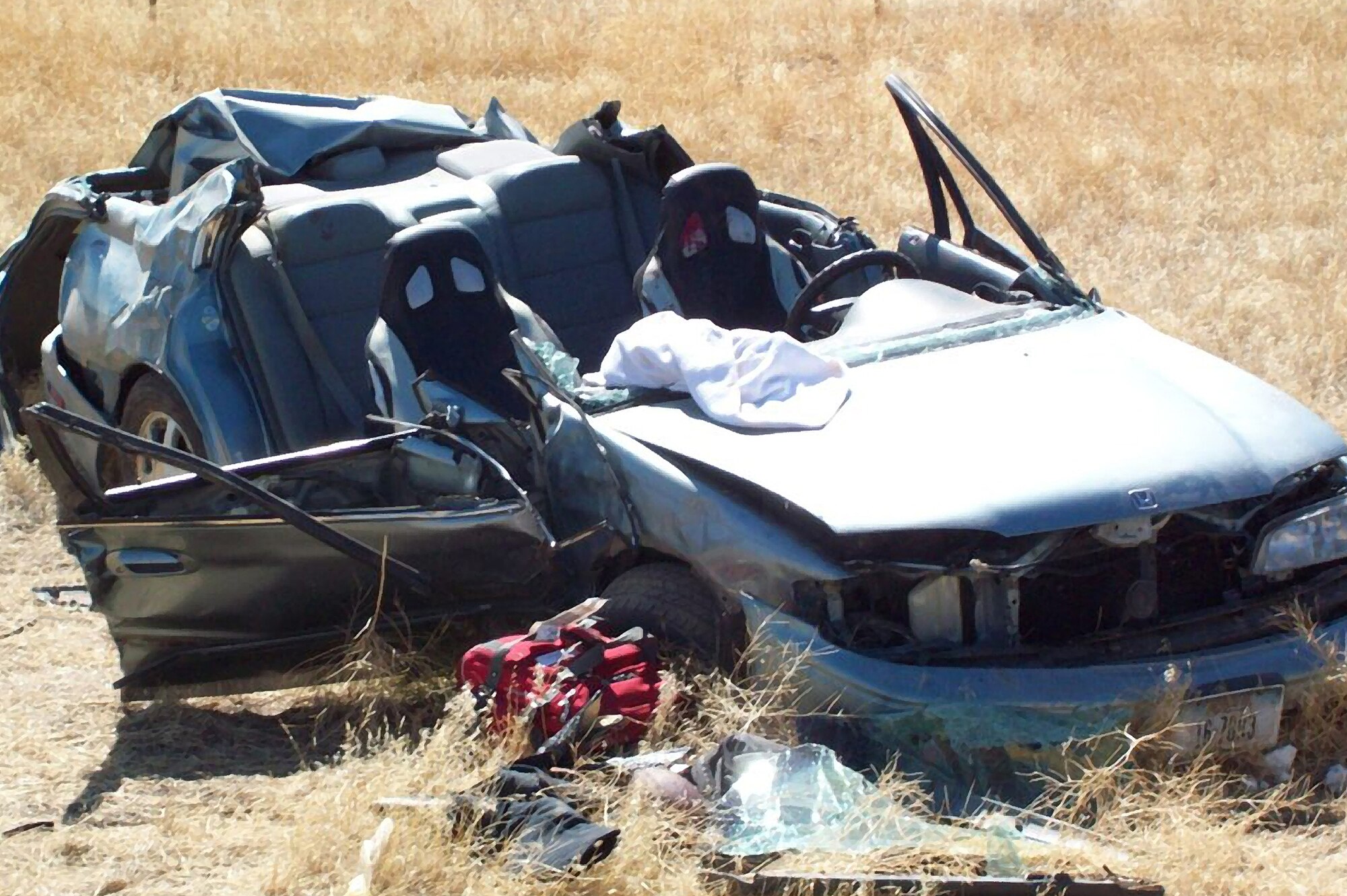 After rolling his 1994 Honda Accord three times, Zody had to have 4 inches of muscle stitched together and sewn back into his left arm and multiple stitches and staples put into his head. His car, pictured, shows the blood-soaked driver’s seat stained by his severe head injury, leaving little wonder why the Airman suffered a concussion and memory loss. (Courtesy photo)