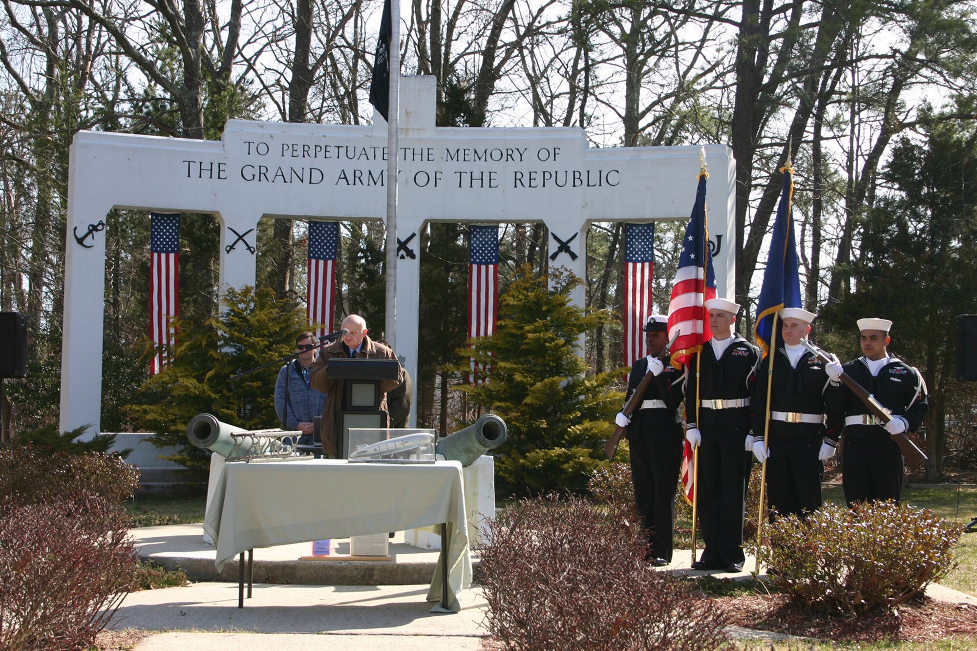 Carl Jablonski, Navy Lakehurst Historical Society president, ceremony commemorating the 80th anniversary of the loss of the USS Akron April 4, 2013 at the Grand Army Memorial Park in Manchester, N.J. The Akron crashed in a violent storm off Barnegat Light, that killed 73 officers and crew resulting the greatest loss of life in any rigid lighter-than-air ship in history. (U.S. Navy photo by Larry Lyford/Released)