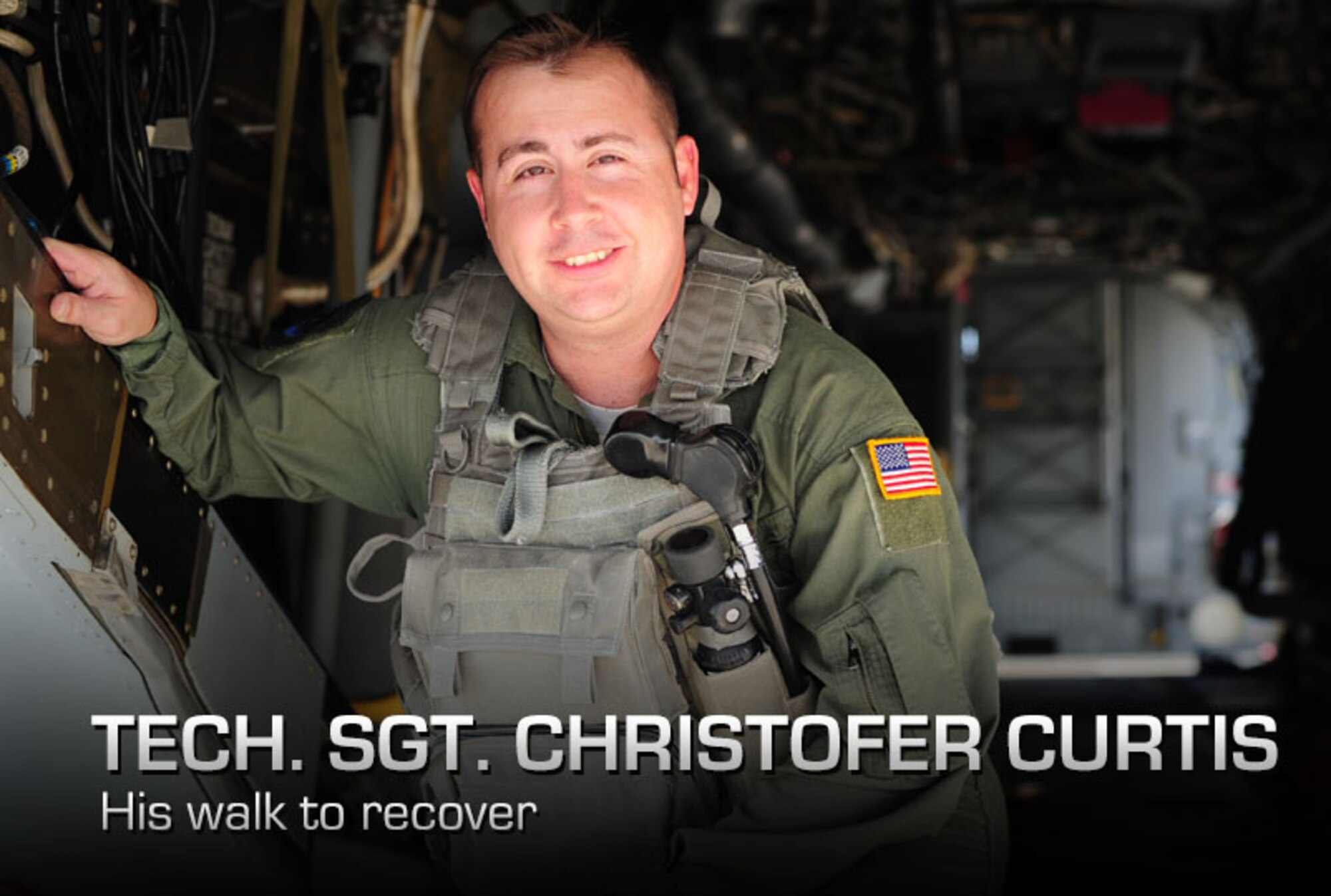 Tech. Sgt. Christofer Curtis, a CV-22 flight engineer assigned to the 8th Special Operations Squadron, poses in a CV-22 Osprey on the flightline April 6, 2012, at Hurlburt Field, Fla. Curtis returned to active-duty service after recovering from injuries incurred during a CV-22 crash during  a deployment. (U.S. Air Force photo/Airman 1st Class Gustavo Castillo)
