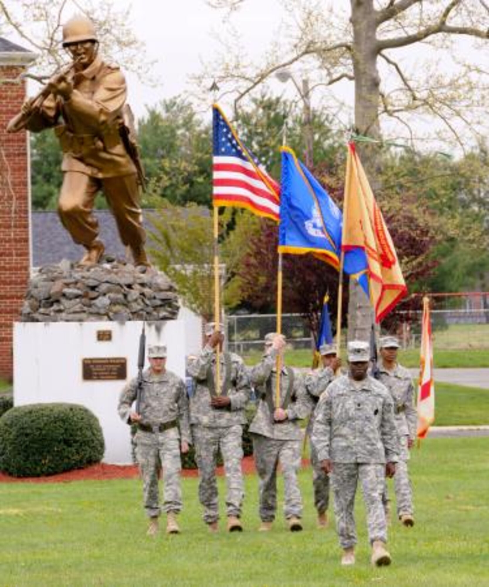 Soldiers present the colors during a ceremony to commemorate the Army Reserve’s 105th birthday at Sharp Field on Joint Base McGuire-Dix-Lakehurst, N.J., April 23, 2013. The ceremony was hosted by Col. Jeffrey A. Doll, Army Support Activity-Dix commander, and featured remarks by retired Brig. Gen. Alan V. Davis, New Jersey Army Reserve ambassador. (U.S. Army photo by Staff Sgt. Shawn Morris/Released)