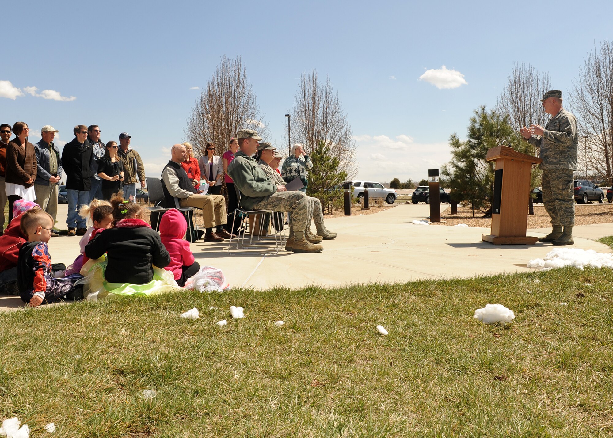 Col. Dan Dant, 460th Space Wing commander, speaks during an Arbor Day ceremony April 24, 2013, at Buckley Air Force Base, Colo. Dant also announced Buckley AFB was named a Tree City U.S.A. for the eighth year in a row. The Tree City U.S.A. program is a national program that provides guidelines for the community forestry management for cities and towns. (U.S. Air Force photo by Senior Airman Marcy Glass/Released)