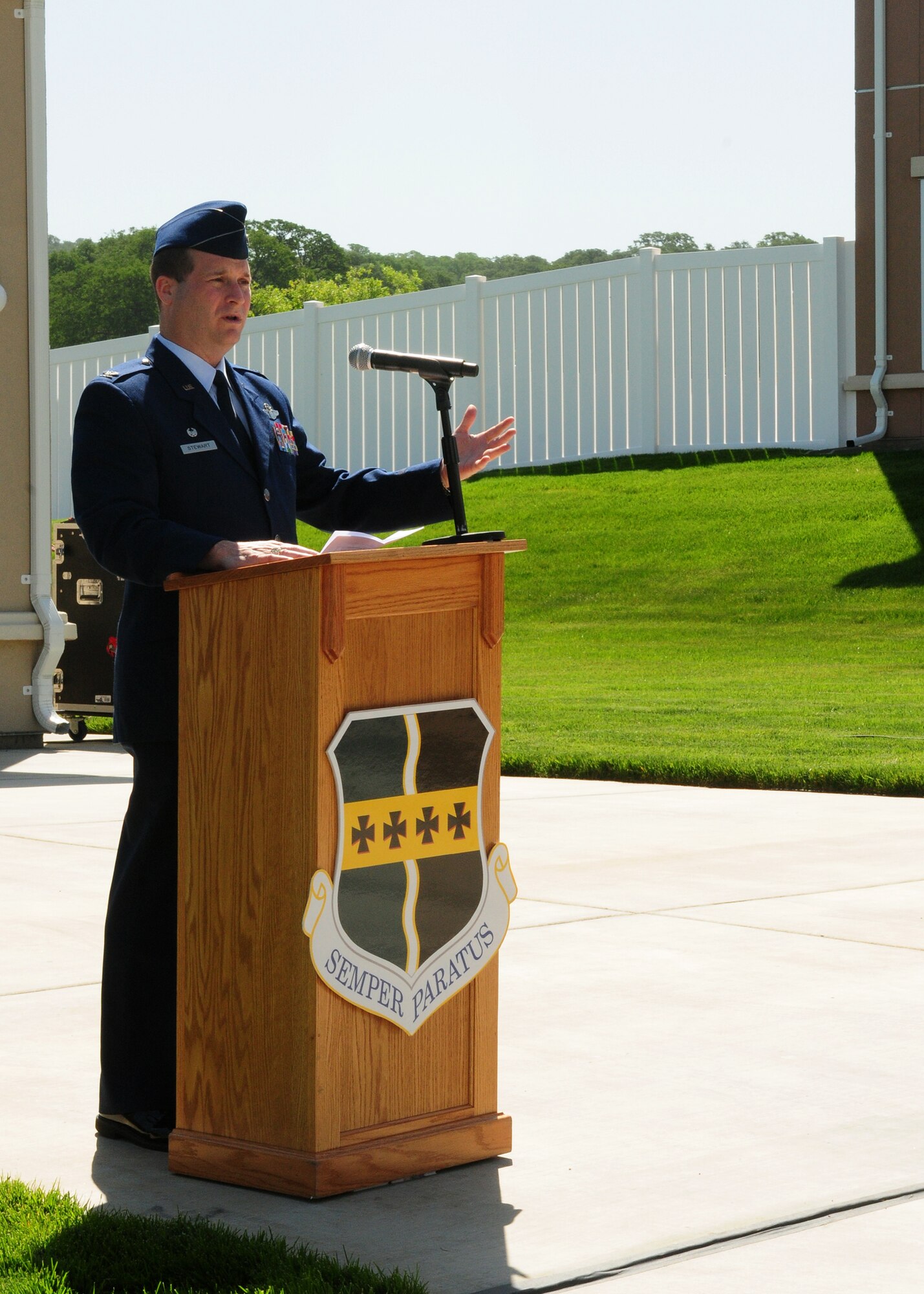 Col. Phil Stewart, 9th Reconnaissance Wing commander, speaks to Team Beale members during the ribbon cutting ceremony commemorating new base housing at Beale Air Force Base Calif., April 24, 2013. Balfour Beatty Communities is the manager and developers of the Military Privatization Initiative. (U.S. Air Force photo by Senior Airman Allen Pollard/Released)