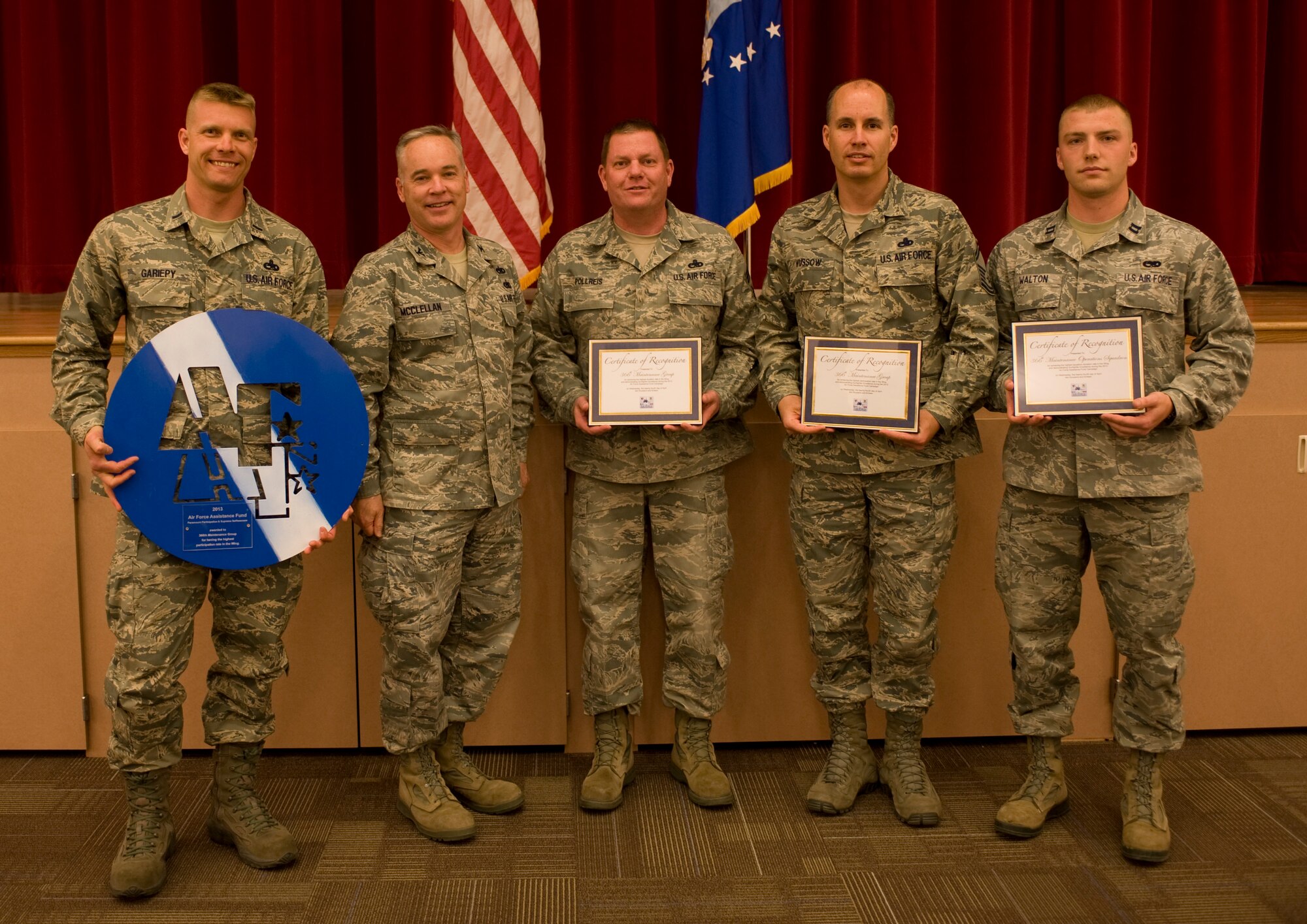 The 366th Maintenance Group Squadron Commander, U.S. Air Force Col. James McClellan (second from left), stands with Airmen from his group after the Air Force Assistance Fund culmination ceremony April 24 at Mountain Home Air Force Base, Idaho. MXG personnel raised the most money during this year's campaign and were awarded with certificates and a one-day pass for their efforts. (U.S. Air Force photo by Airman 1st Class Malissa Lott/Released)