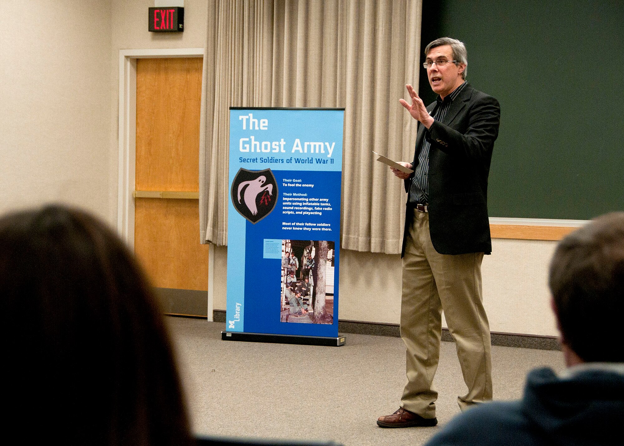 HANSCOM AIR FORCE BASE, Mass. – Filmmaker Rick Beyer answers questions during a Heritage of Freedom event at the Hanscom Conference Center April 22 about his documentary, “The Ghost Army,” which recounts a secret mission during World War II. The one hour documentary featured interviews with 19 veterans of the unit and describes specific deceptive operations during the war. (U.S. Air Force photo by Mark Wyatt)