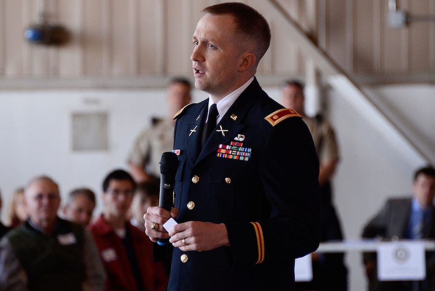 Maj. John Turner. United States Military Academy Southeastern Regional Director of Admissions, speaks to students and family members about the academy application experience during the 2012 Georgia Congressional Delegation Academy Day held at Dobbins Air Reserve Base, Ga., and May 12. (U.S. Air Force photo/Don Peek)