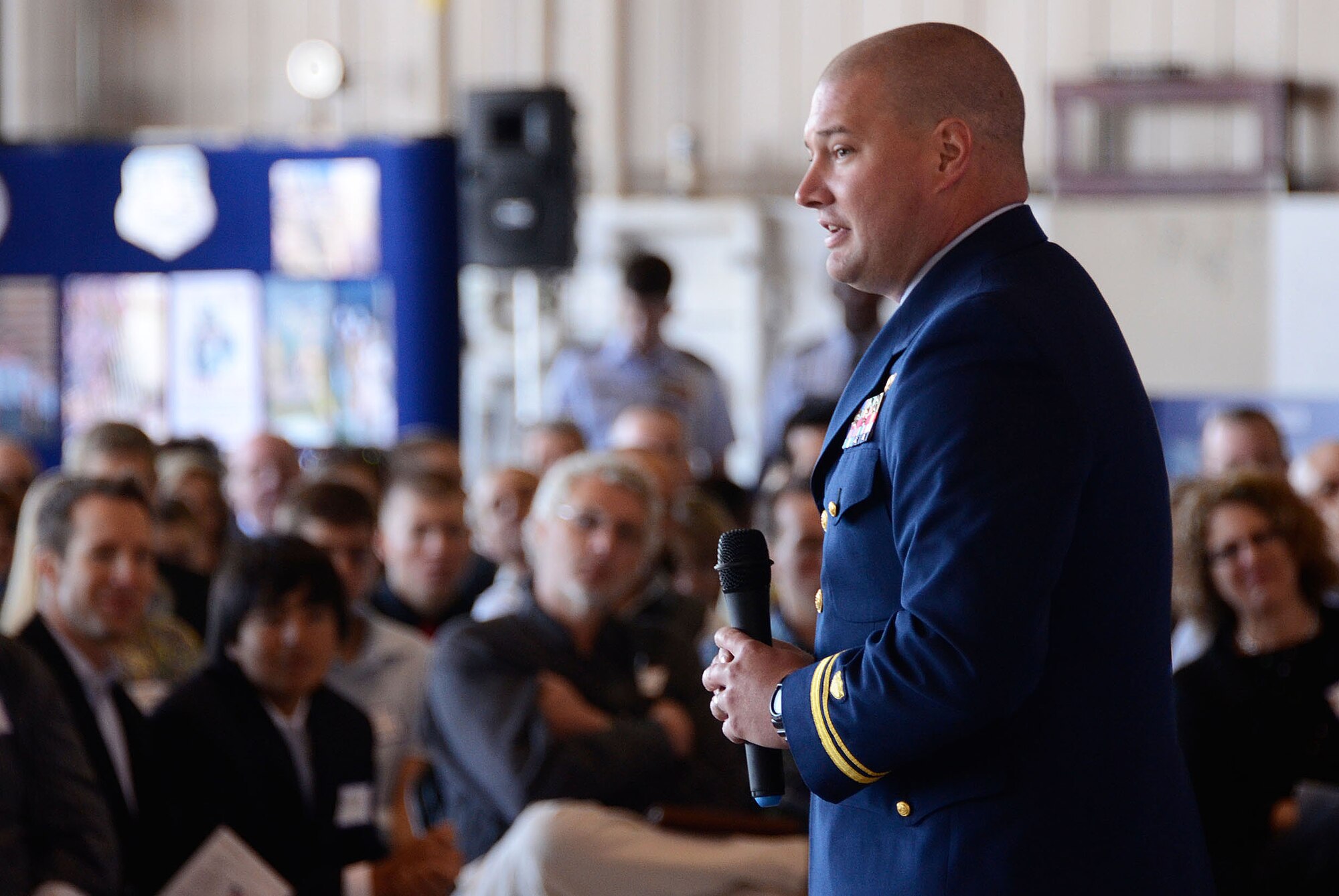 Bob Baude, Admissions Partner from the United States Coast Guard Academy speaks to students and family members about the academy application experience during the 2013 Georgia Congressional Delegation Academy Day held at Dobbins Air Reserve Base, Ga., and April 20. (U.S. Air Force photo/Don Peek)