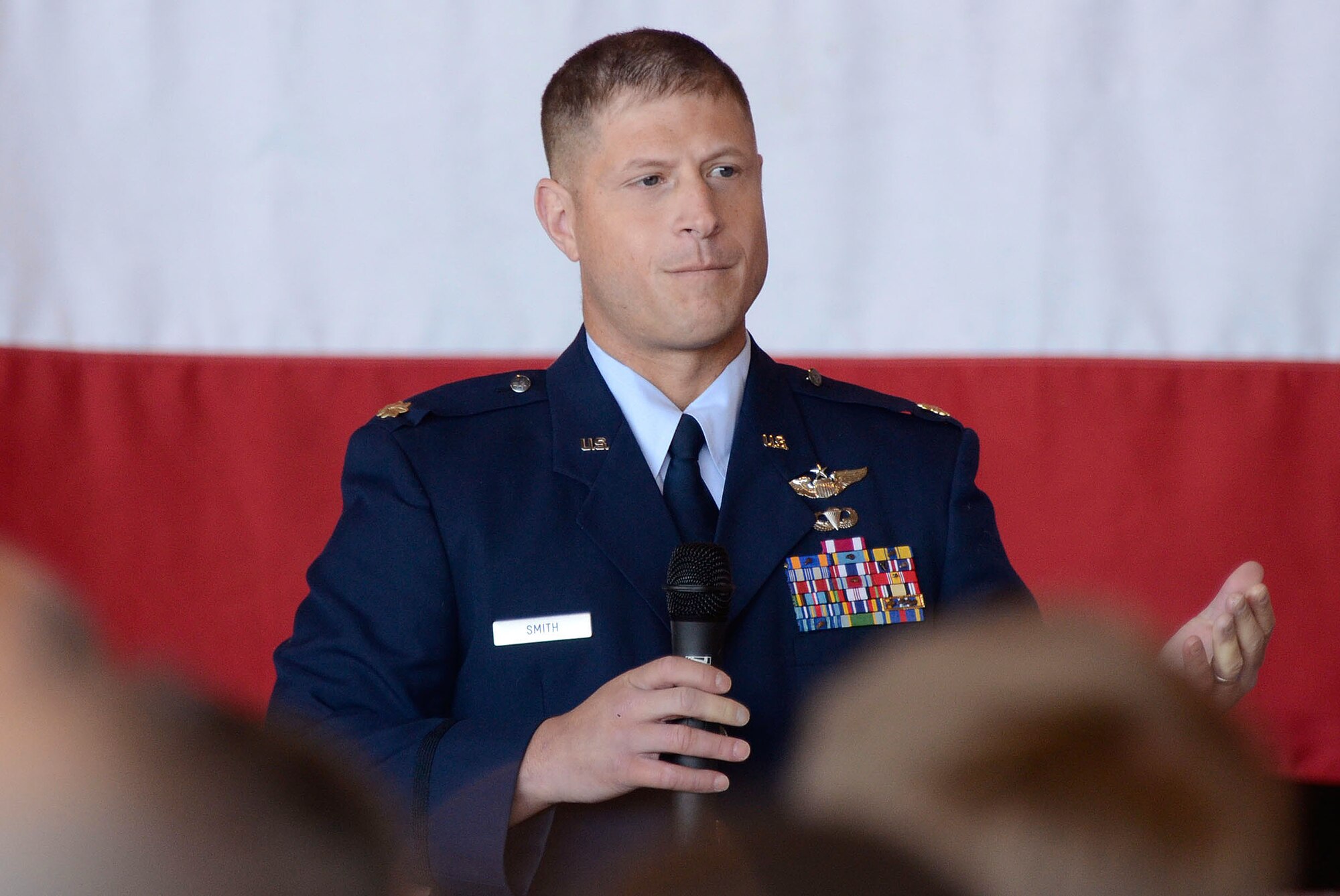 Maj. Smith, from U.S. Air Force Academy Admissions, speaks to students and family members about the academy application experience during the 2012 Georgia Congressional Delegation Academy Day held at Dobbins Air Reserve Base, Ga., and May 12. (U.S. Air Force photo/Don Peek)
