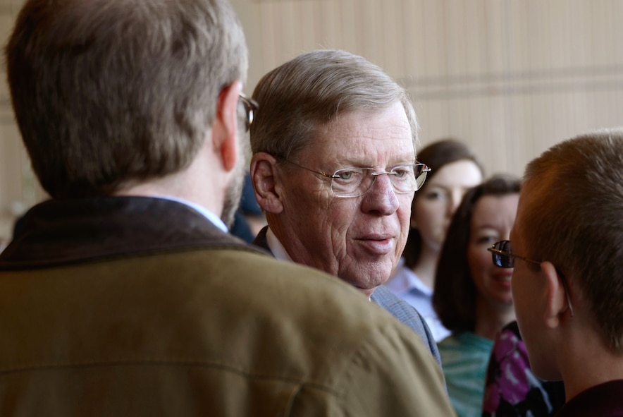 Students and family members speak with Sen. (GA-R) Johnny Isakson about the academy application experience during the 2013 Georgia Congressional Delegation Academy Day held at Dobbins Air Reserve Base, Ga., and April 20. (U.S. Air Force photo/Don Peek)