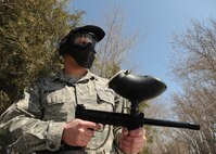 Senior Airman Curtis Blase, 319th Logistics Readiness Squadron, practices paintball on April 23, 2013, at Grand Forks Air Force Base, N. D. Blase is preparing for the Armageddon Paintball War, to be hosted by the Airman’s Activity Council on May 3, 2013, across from the base’s main gate. (U.S. Air Force photo/Airman 1st Class Ashley Nicole Taylor) 