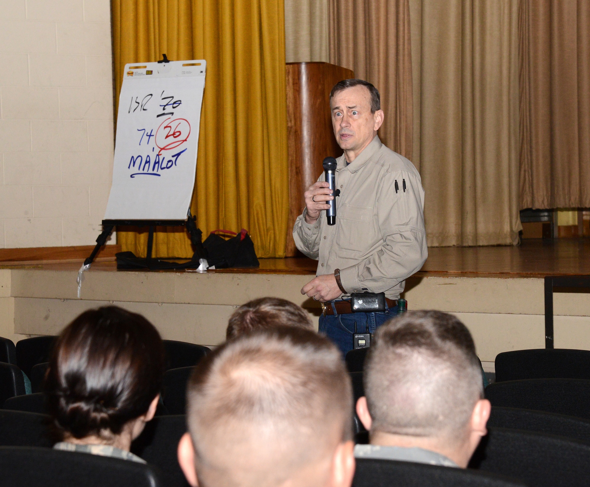 Retired Lt. Col. David Grossman, a former Army Ranger who is now a public speaker and author, candidly speaks to Airmen about the psychological impacts of killing and war. His in-your-face style of training teaches military and law enforcement organizations how to have a ‘warrior mindset’, but also teaches them resiliency and coping techniques before, during or after combat situations. When the United States goes to war, Colonel Grossman said, “We don’t want to kill. We want to deter.” The ultimate goal, he said, is to stop the threat and save lives. “Every act the enemy does should renew your faith that the world needs what you’ve got to give,” he said. “I call it the bulletproof mind.” Colonel Grossman was on base April 5 speaking to Airmen during two three-hour sessions and also at the National Prayer Luncheon, hosted by the Tinker Chapel. (Air Force photo by Kelly White)